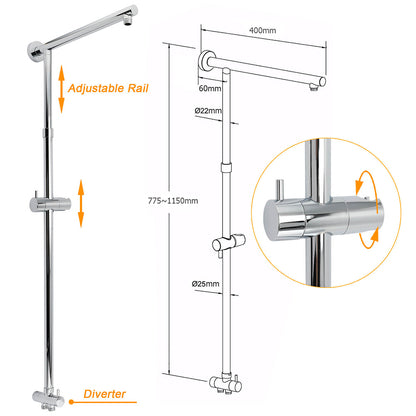 WELS Square Plastic Shower 8" Rainfall Head 3 Mode Handheld Sliding Rail Wall Arm With Mixer