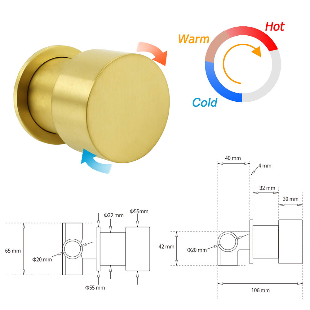 Brushed Gold Round Knob Turn Shower Hot Cold Mixer Tap Valve Ceramic Cartridge