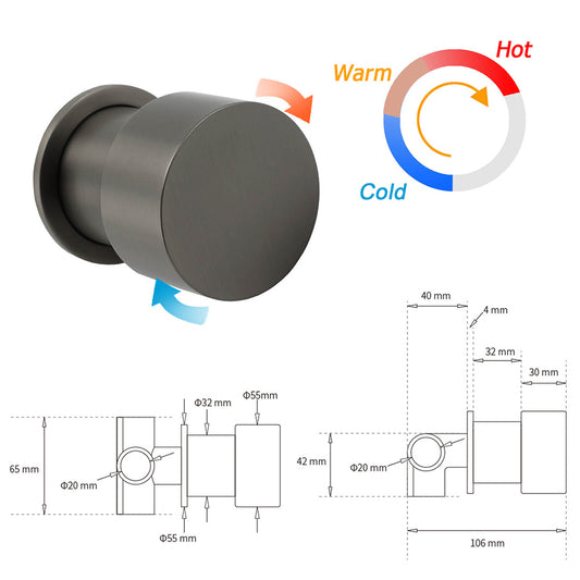 Gun Metal Round 1/4 Knob Handle Wall Mounted Shower Hot Cold Water Mixer Tap Kit