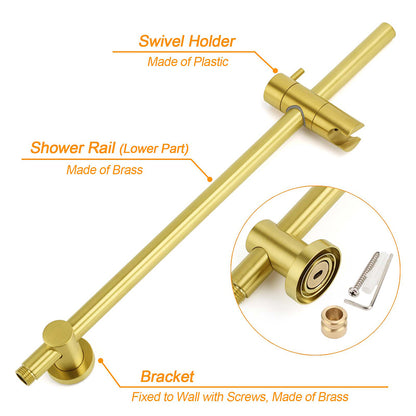 Brushed Gold Twin Shower Set Sliding Rail Arm 8" Round Head 3 Modes Handheld