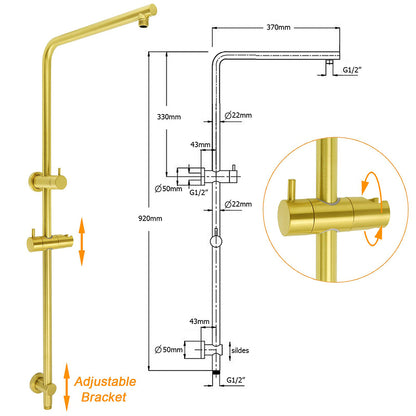 Brushed Gold Twin Shower Set 8" Round Head 3 Modes Handheld Sliding Rail Arm + Mixer