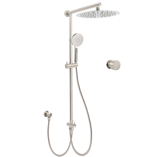 Brushed Nickel 12" Large Rain Head Twin Shower Handheld Sliding Rail Arm Set With Mixer