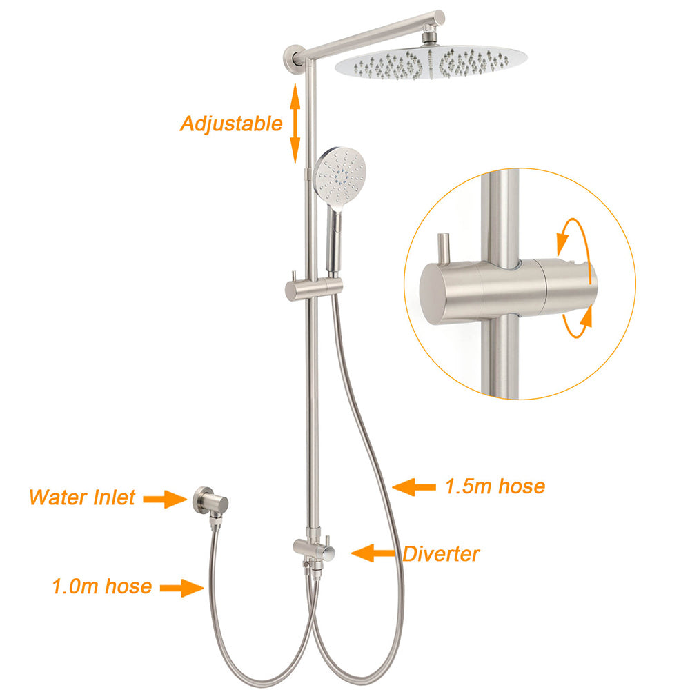 Brushed Nickel 12" Large Rain Head Twin Shower Handheld Sliding Rail Arm Set With Mixer