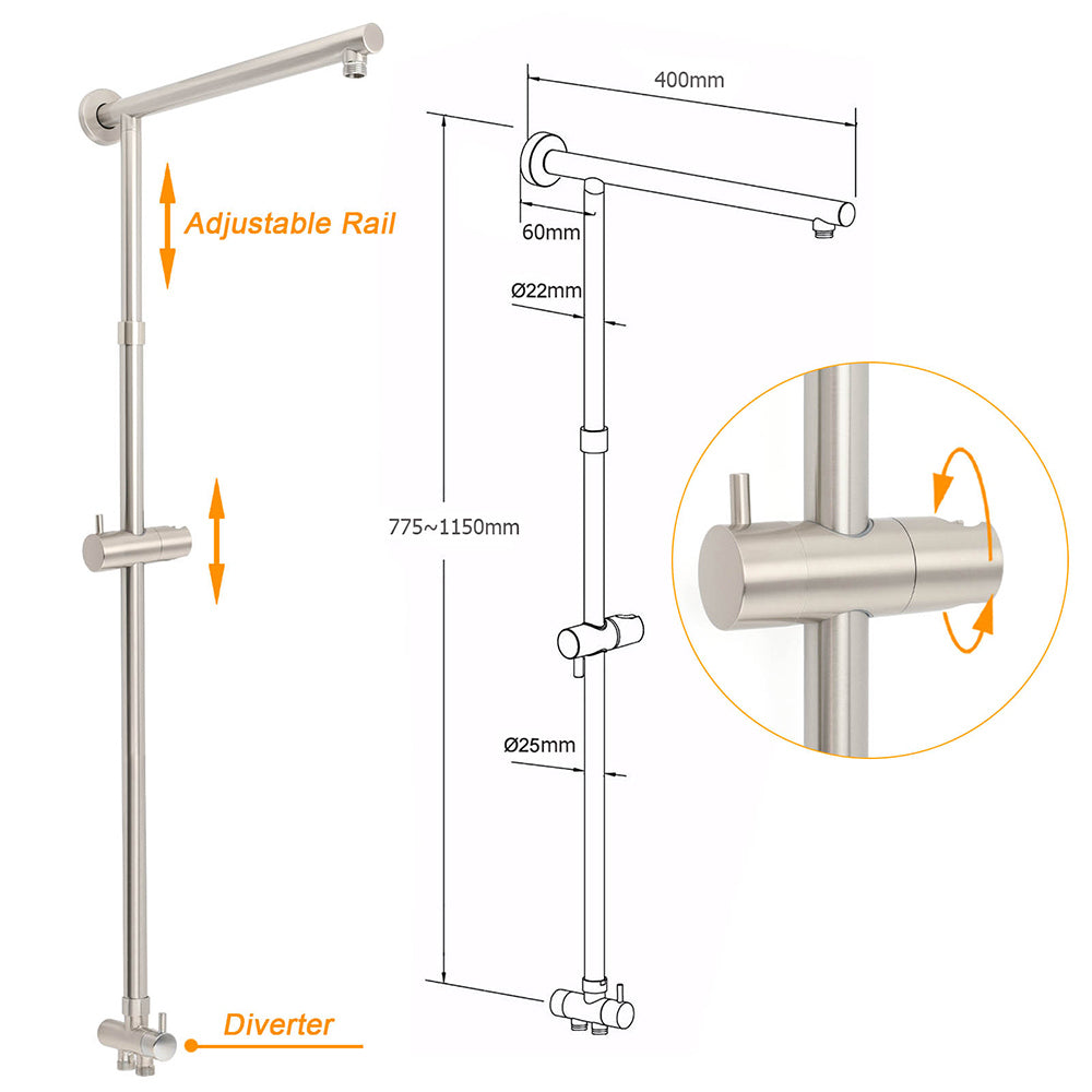 Brushed Nickel 2in1 Square 12" Thin Rainfall Head Shower 3 Modes Handheld Sliding Rail Arm Set