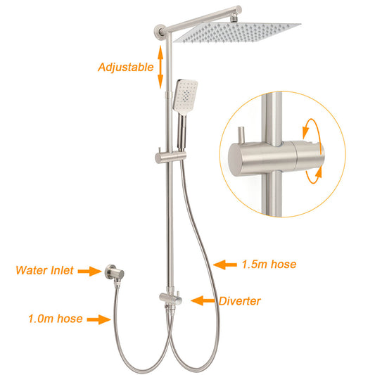 Brushed Nickel 2in1 Square 12" Thin Rainfall Head Shower 3 Modes Handheld Sliding Rail Arm Set