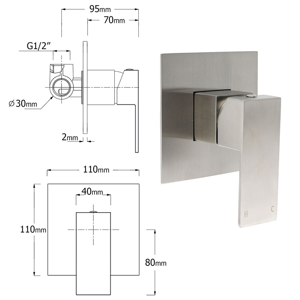WELS Brushed Nickel 12" Rain Head Shower Square 3 Modes Handheld Sliding Rail Arm Mixer Dual Set