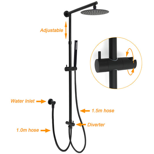 WELS Matt Black 2in1 Shower 8" Round Head Set 1 Mode Handheld Rose Sliding Rail Elbow Inlet