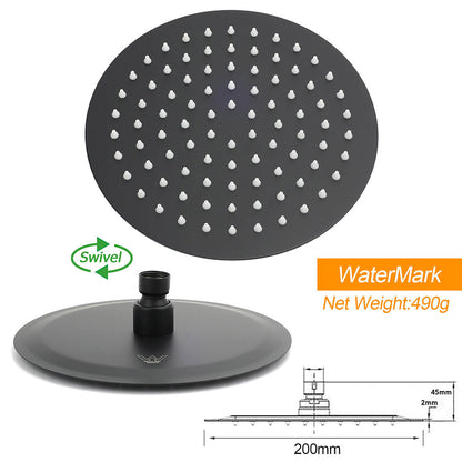WELS Matt Black 2in1 Shower 8" Round Head Set Sliding Rail Single Mode Handheld + Twin Taps
