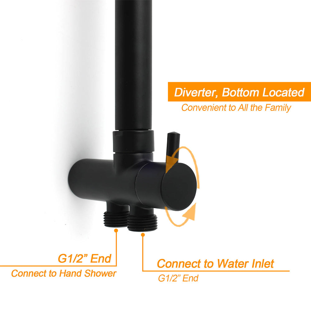 Matt Black Dual Round Shower Set 10" Rain Head Metal Handheld Sliding Rail Arm Diverter