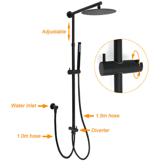 Matt Black Round Dual Shower Set 10" Rain Head Metal Handheld Sliding Rail Arm Twin Taps