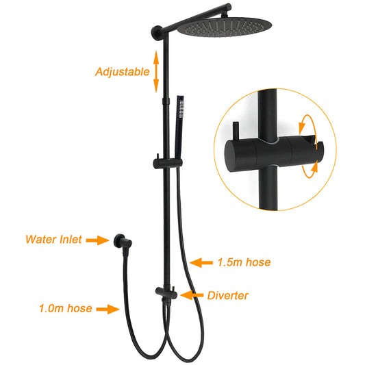 Matte Black Large 12" Round Shower Head Twin Set Stainless Steel Handheld Diverter Wall Rail Arm