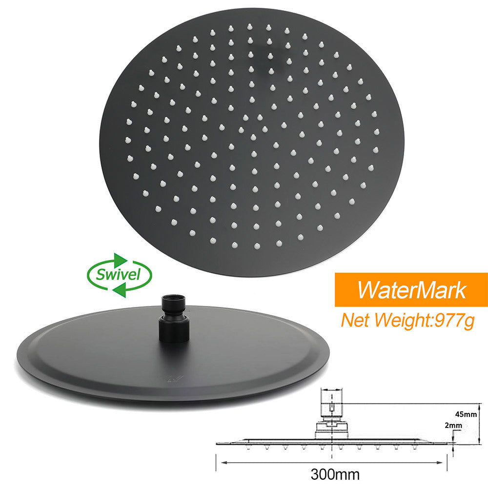 WELS Matt Black Dual 12" Round Shower Head Set Metal Handheld Rail Wall Arm Elbow Inlet Twin Taps