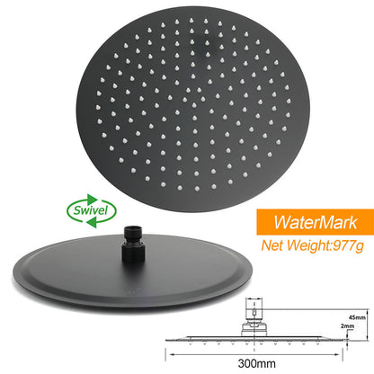 WELS Matt Black Dual 12" Round Shower Head Set Metal Handheld Rail Wall Arm Elbow Inlet Twin Taps