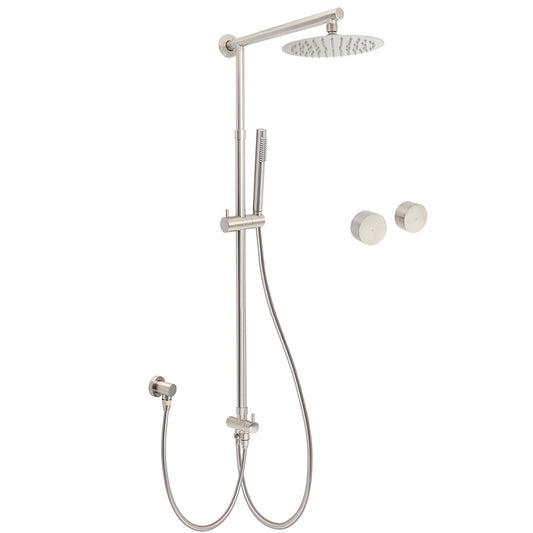 Brushed Nickel Round 8" Rain Head Shower Stainless Steel Handheld Sliding Rail Arm Chrome Set + Twin Taps