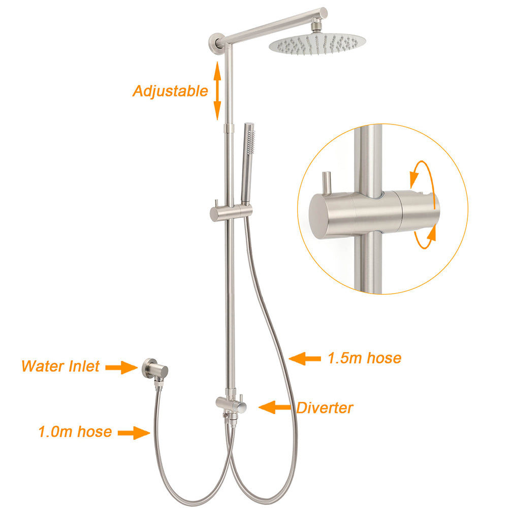 Brushed Nickel 8" Thin Rain Head Twin Shower Metal Handheld Rose Sliding Rail Arm Set With Mixer