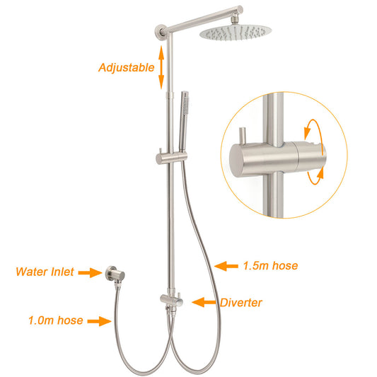 Brushed Nickel Round 8" Rain Head Shower 1 Mode Handheld Sliding Rail Arm Mixer 2in1 Set