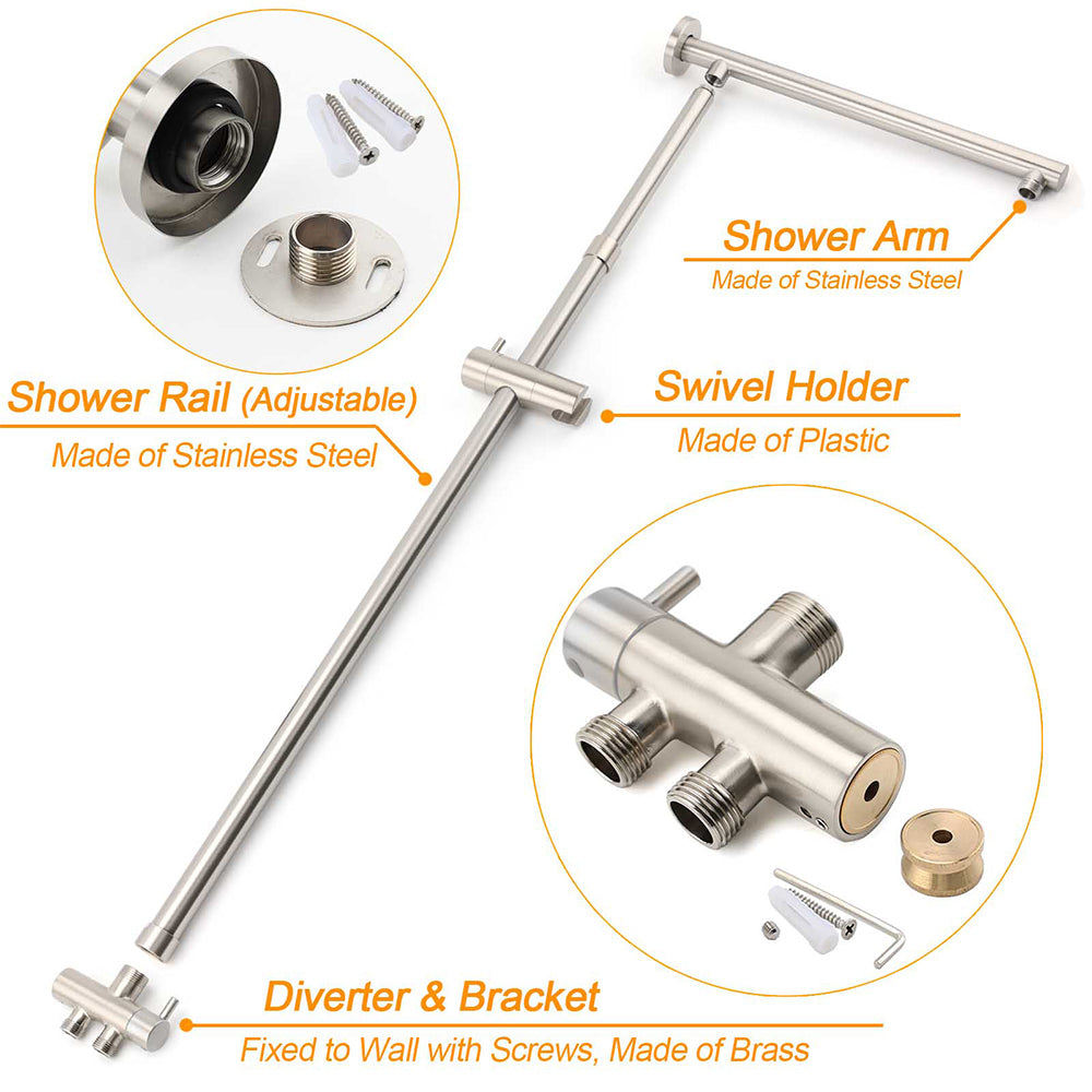 Brushed Nickel Round 8" Rain Head Shower 1 Mode Handheld Sliding Rail Arm Mixer 2in1 Set