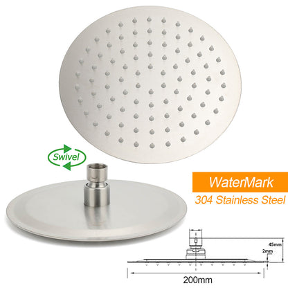 Brushed Nickel Round 8" Rain Head Shower 1 Mode Handheld Sliding Rail Arm Mixer 2in1 Set