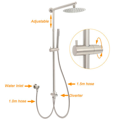 WELS Brushed Nickel Round 8" Rain Head Shower 1 Mode Handheld Sliding Rail Mixer 2in1 Set
