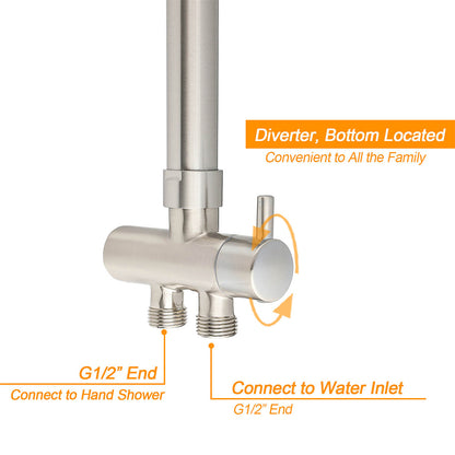 Brushed Nickel Round 12" Rain Head Shower Single Mode Handheld Sliding Rail Arm Mixer 2in1 Set