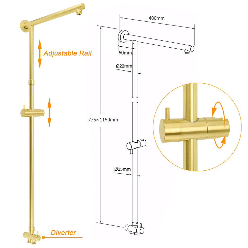 WELS Brushed Gold Square 12" Rainfall Head 3 Modes Handheld Sliding Rail Wall Mixer 2in1 Shower Set
