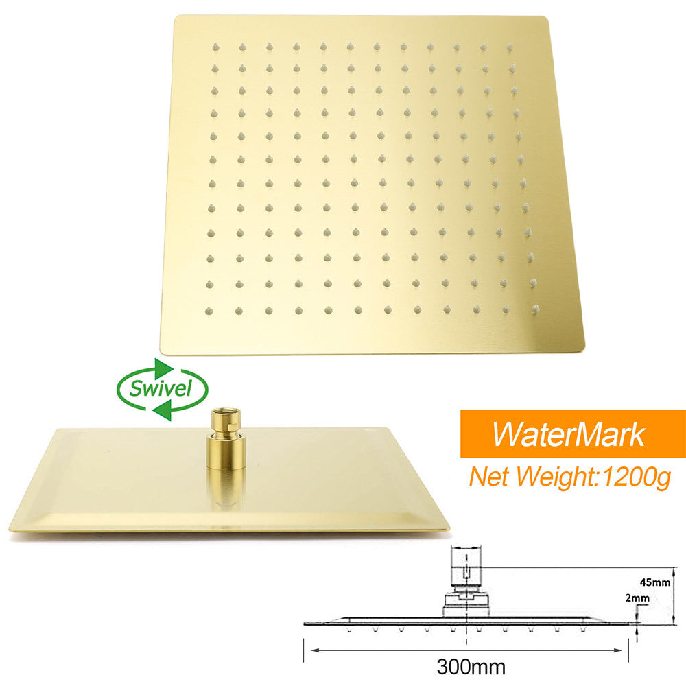 WELS Brushed Gold Square 12" Rainfall Head 3 Modes Handheld Sliding Rail Wall Mixer 2in1 Shower Set