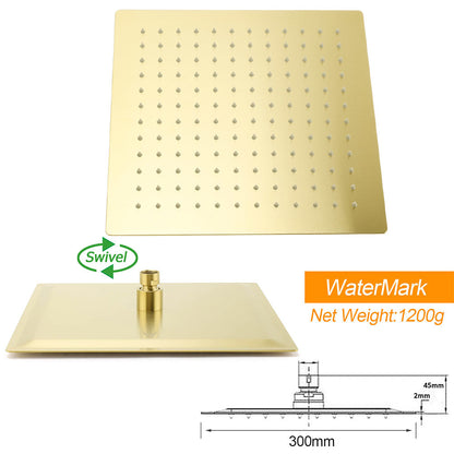WELS Brushed Gold Square 12" Rainfall Head 3 Modes Handheld Sliding Rail Wall Mixer 2in1 Shower Set