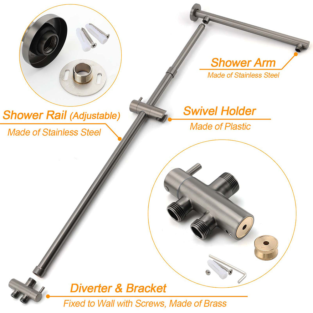 WELS Gun Metal Dual Round Shower 10" Rain Head Stainless Steel Handheld Sliding Rail Diverter Set