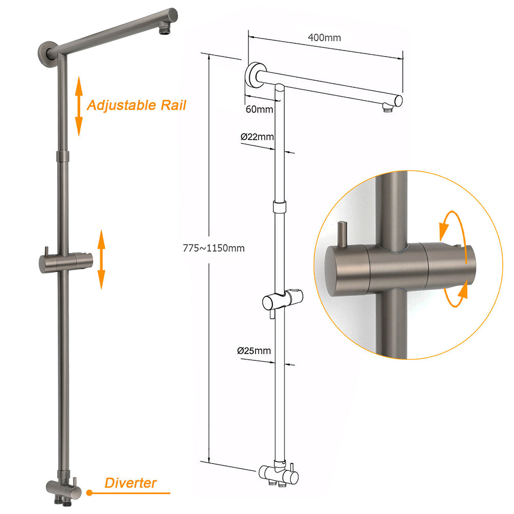 WELS Gun Metal Dual Round Shower Head 10" Rain Head Stainless Steel Handheld Sliding Rail Diverter Set