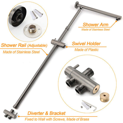WELS Gun Metal Dual Round Shower Head 10" Rain Head Stainless Steel Handheld Sliding Rail Diverter Set