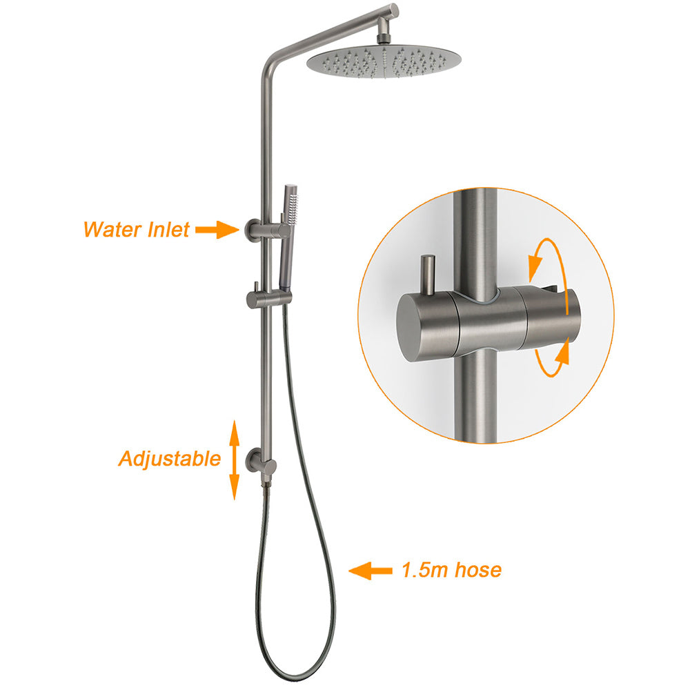 WELS Gun Metal Dual Round Shower Head 10" Rain Head Stainless Steel Handheld Sliding Rail Diverter Set