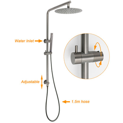 WELS Gun Metal Dual Round Shower Head 10" Rain Head Stainless Steel Handheld Sliding Rail Diverter Set