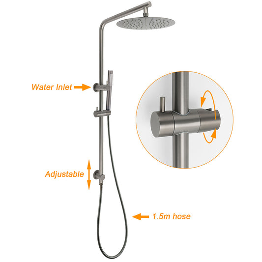 WELS Gun Metal Dual Round Shower Head 10" Rain Head Stainless Steel Handheld Sliding Rail Diverter Set