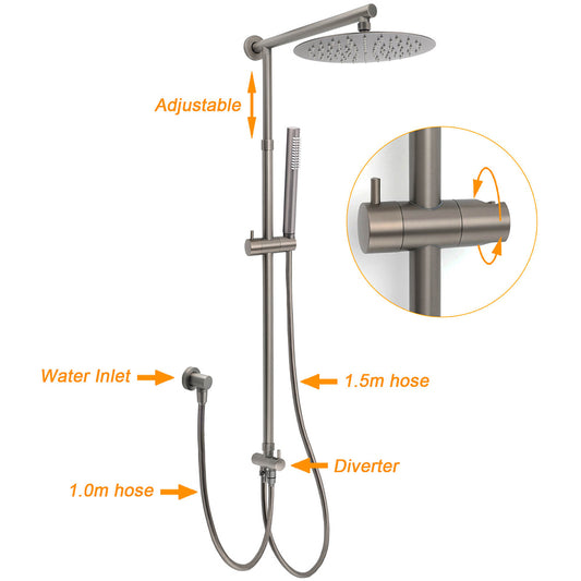 WELS Gun Metal 2in1 Round Shower Set 10" Rain Head Metal Handheld Sliding Rail Small Face Mixer