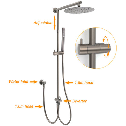 WELS Gun Metal 2in1 Round Shower Set 10" Rain Head Metal Handheld Sliding Rail Small Face Mixer