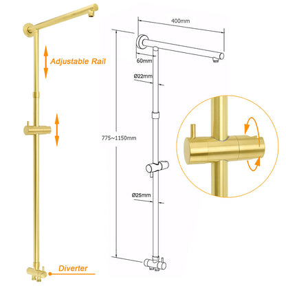 WELS Brushed Gold 8" Round Shower Head Stainless Steel Handheld Rose Sliding Rail Twin Taps Set