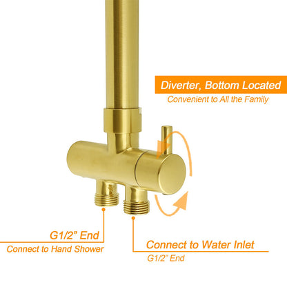 WELS Brushed Gold 2in1 Shower Set 8" Round Head Metal Handheld Rose Sliding Rail Mixer Valve