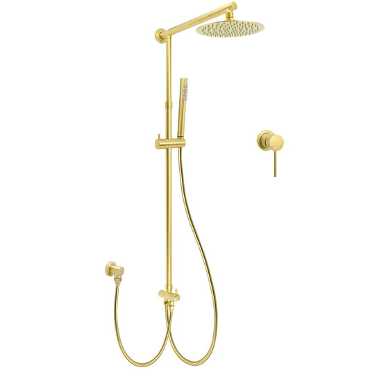 Brushed Gold Twin Shower 8" Round Head Single Mode Handheld Rose Sliding Rail Small Face Mixer Set