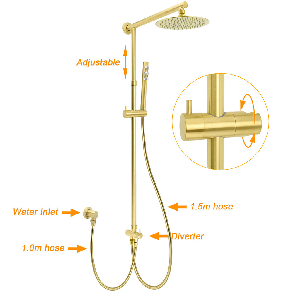 Brushed Gold Twin Shower 8" Round Head Single Mode Handheld Rose Sliding Rail Small Face Mixer Set