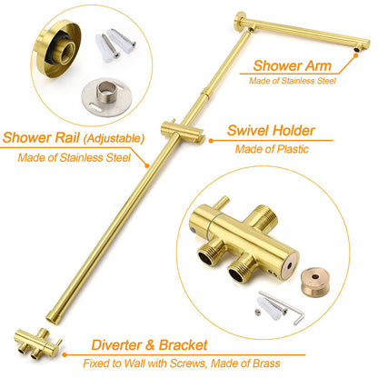 WELS Brushed Gold Large Round Shower 12" Head Single Mode Handheld Rose Sliding Rail Arm Set