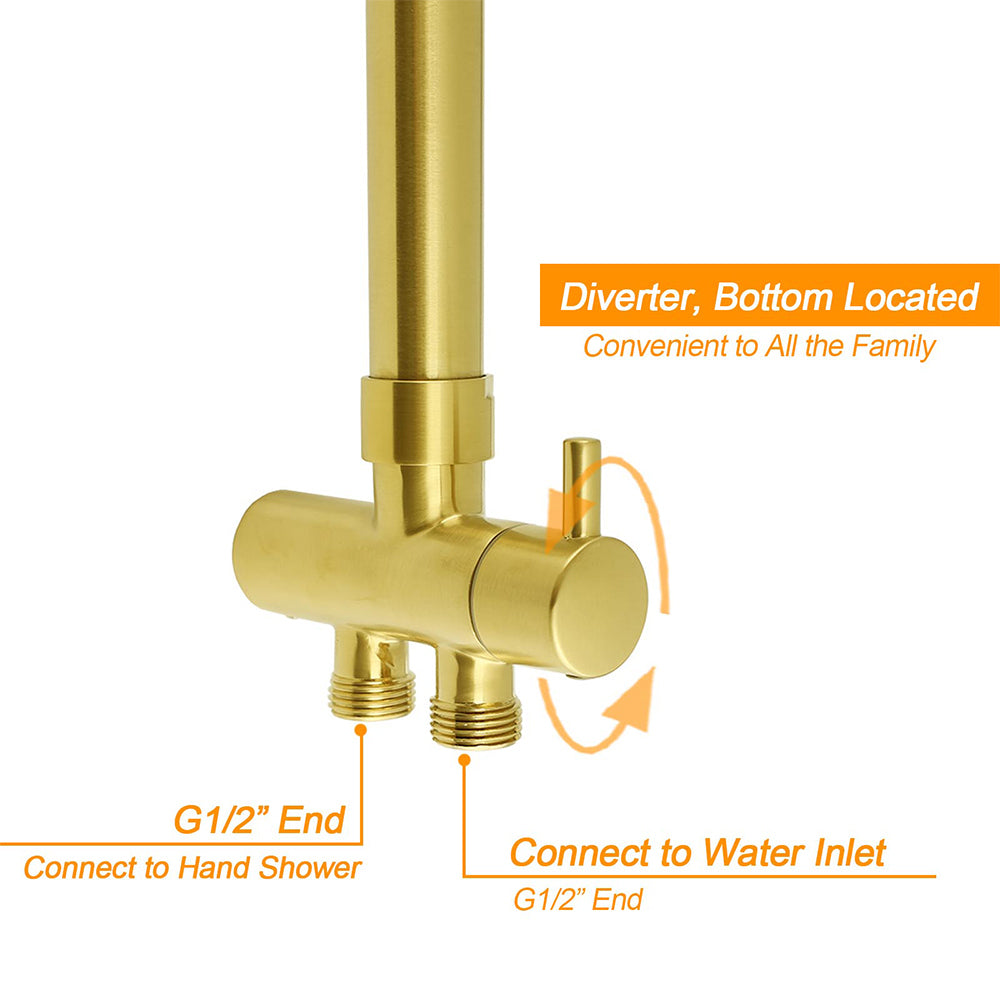 WELS Brushed Gold Large Round Shower 12" Head Single Mode Handheld Rose Sliding Rail Arm Set