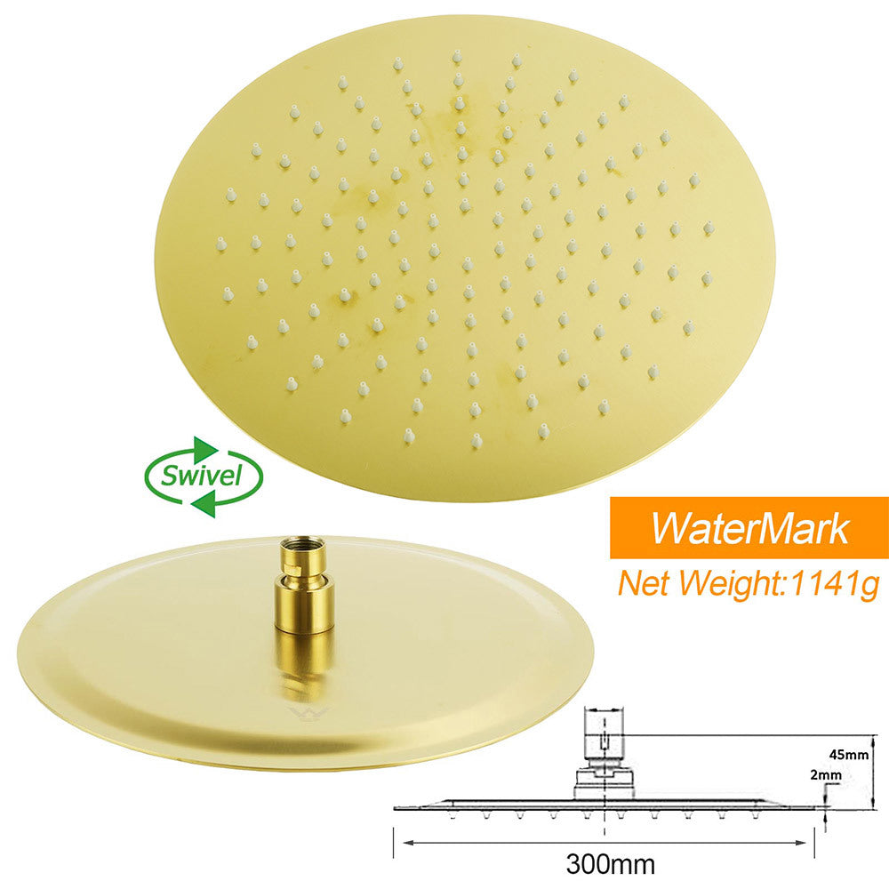 WELS Brushed Gold Large Round Shower 12" Head Single Mode Handheld Rose Sliding Rail Arm Set