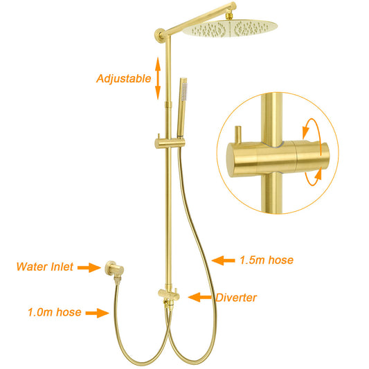 WELS Brushed Gold 2in1 Large Round Shower 12" Rain Head Stainless Steel Handheld Sliding Rail Mixer Set