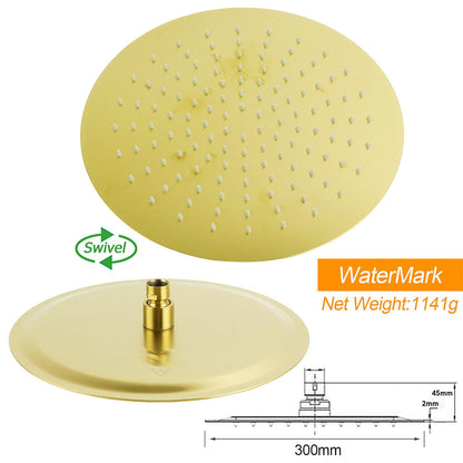 WELS Brushed Gold 2in1 Large Round Shower 12" Rain Head Stainless Steel Handheld Sliding Rail Mixer Set
