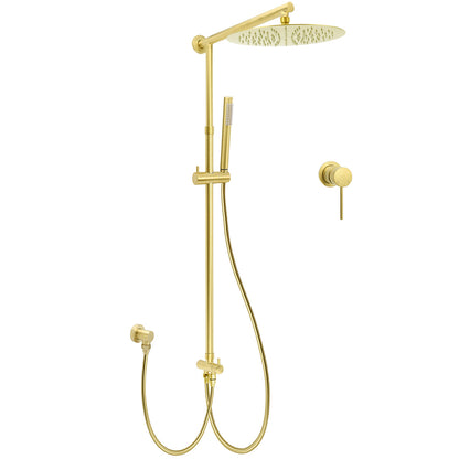 WELS Brushed Gold Dual Large Round Shower Set 12" Rain Head Stainless Steel Handheld Sliding Rail Small Face Mixer