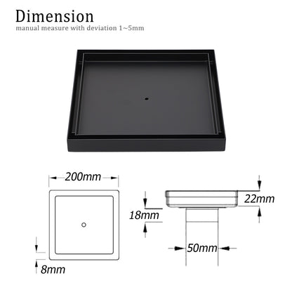 Matt Black Bathroom Big 200mm Tile Insert Floor Drain Shower Grate 50mm Outlet