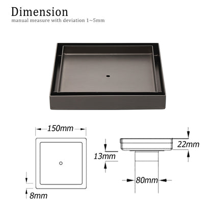 Bathroom Gun Metal 150mm Tile Insert Floor Drain Shower Grate 80mm Waste Outlet