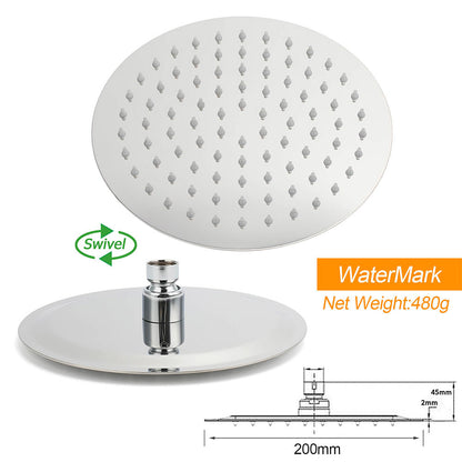 WELS Chrome Round 8" Thin Rainfall Head Metal Handheld Sliding Rail Arm Dual Shower Twin Taps Set