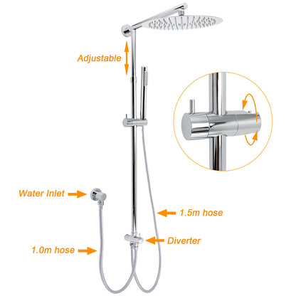 WELS Chrome Round Large 12" Rain Shower Head Single Mode Handheld Wall Arm Rail 2in1 Set