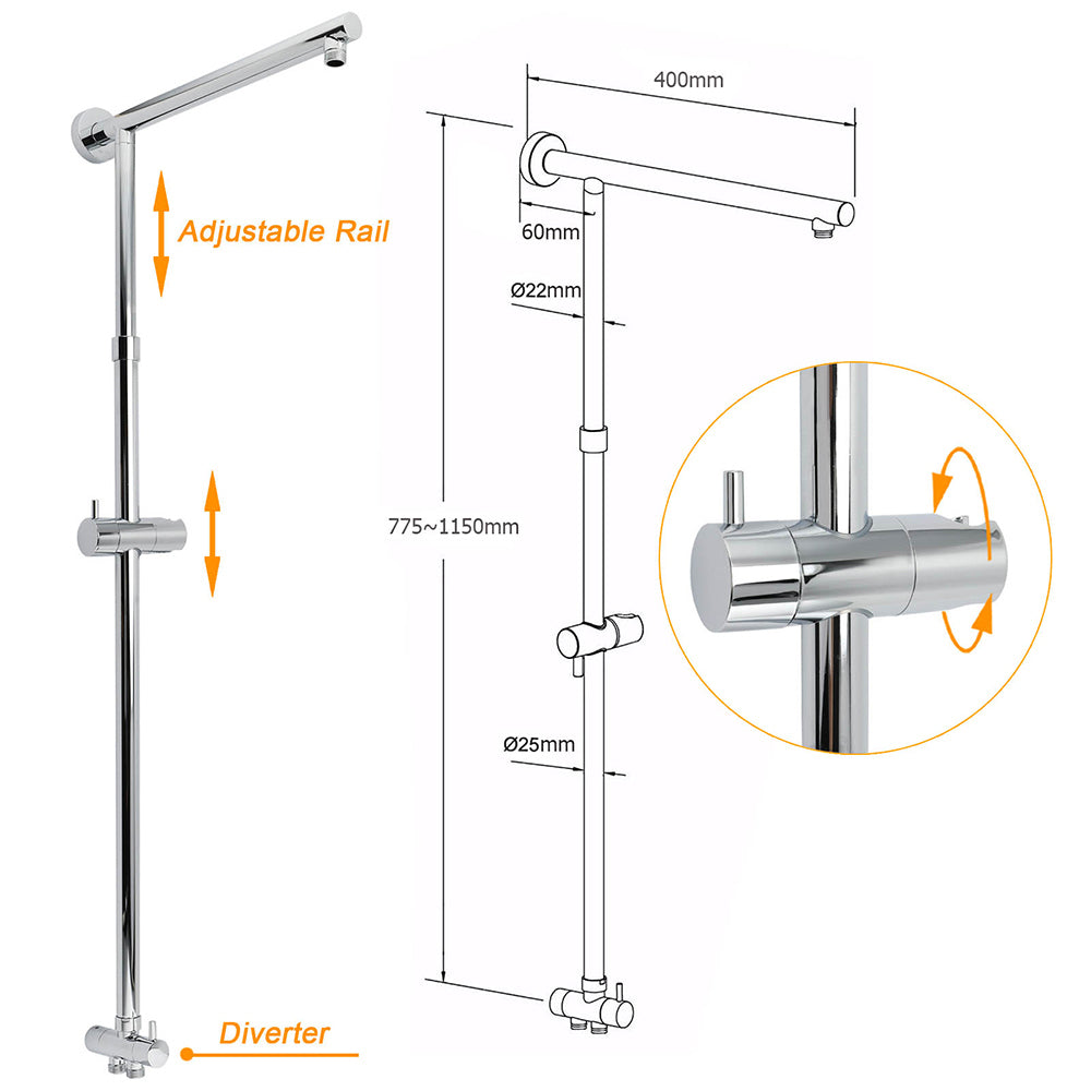 WELS Round 12" Rain Twin Shower Head Stainless Steel Handheld Wall Rail Chrome Mixer Valve Set